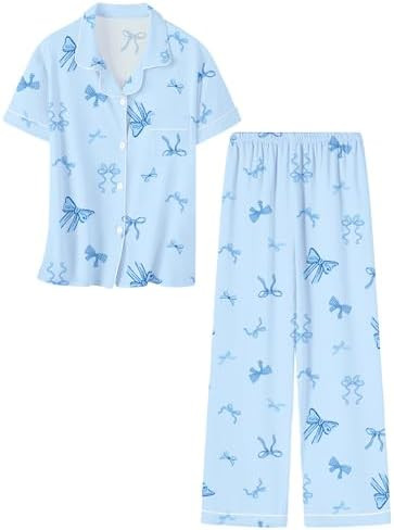 Umeyda Girls Pajamas Set Button Down Notch Collar Soft Short Sleeve Pjs Set with Long Pant Set Lo... | Amazon (US)
