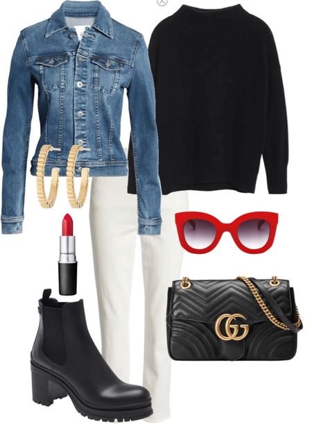 Fall Capsule Wardrobe Outfit Idea…white jeans, denim jacket, lug sole Chelsea boots, red sunglasses, black crossbody, black sweater

#LTKstyletip #LTKSeasonal #LTKitbag