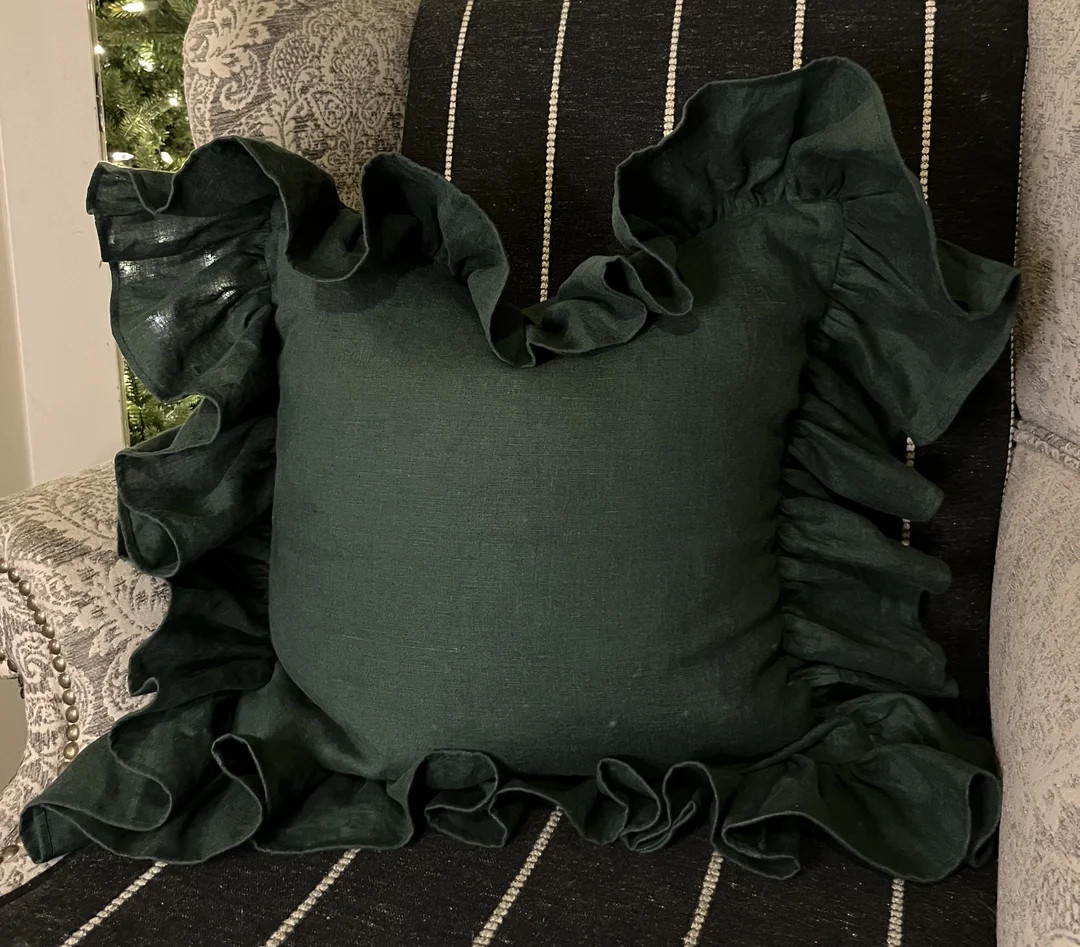 Evergreen linen pillow cover with long linen ruffle | Etsy (US)