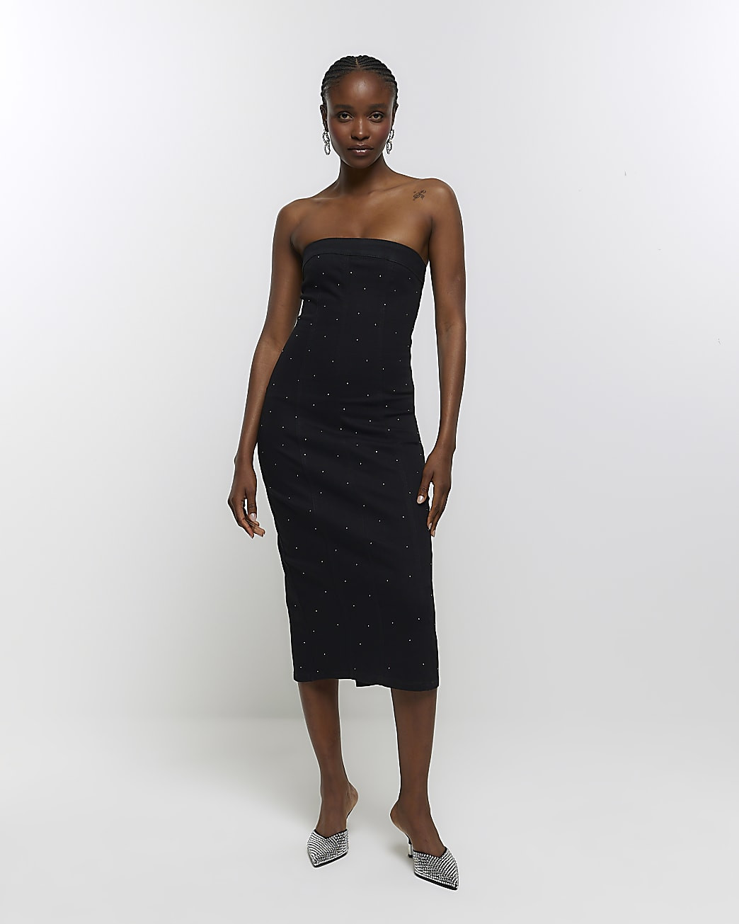 Black denim diamante bandeau midi dress | River Island (UK & IE)