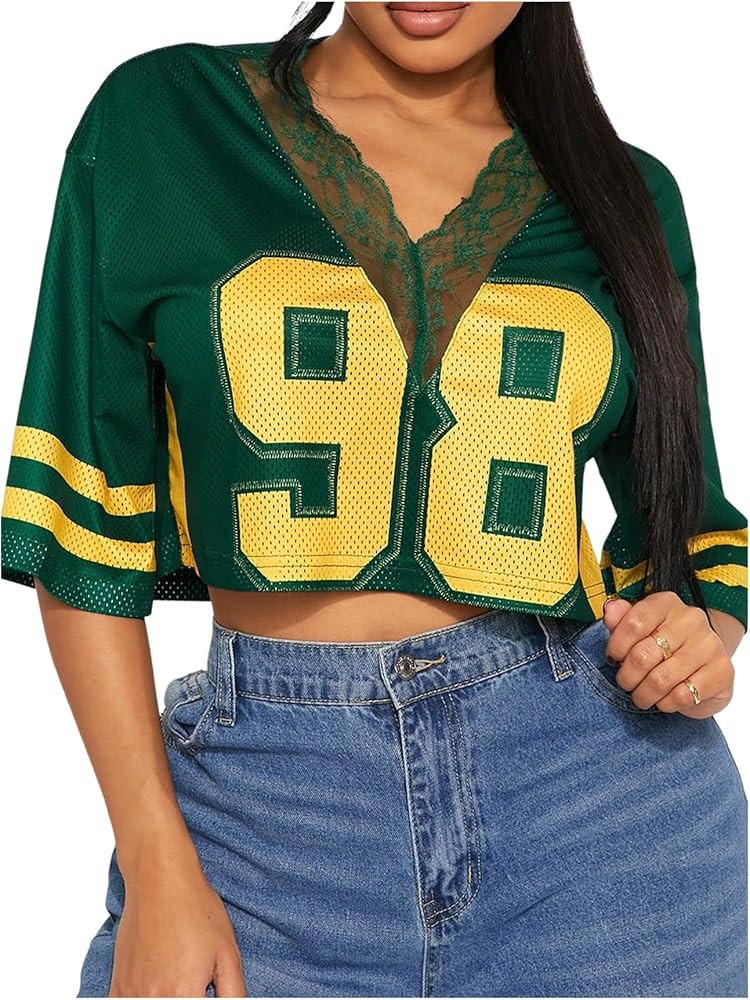 SOLY HUX Women's Number Graphic Tees Lace V Neck Half Sleeve Crop Tops Jersey Shirt Y2k Streetwea... | Amazon (US)