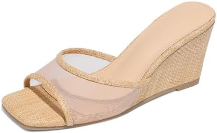 Erocalli Wedge Sandals for Women Square Open Toe Raffia Dressy Sandals Comfortable Mesh Beach Sum... | Amazon (US)