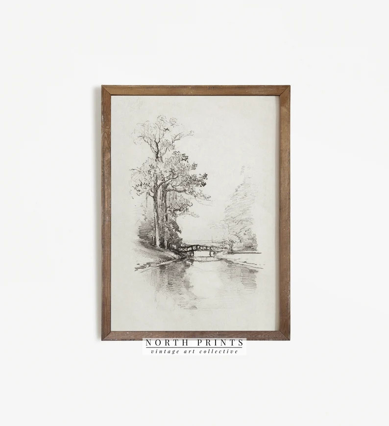 Landscape Sketch | Vintage Etching | Bridge Trees Drawing PRINTABLE #368 | Etsy (US)