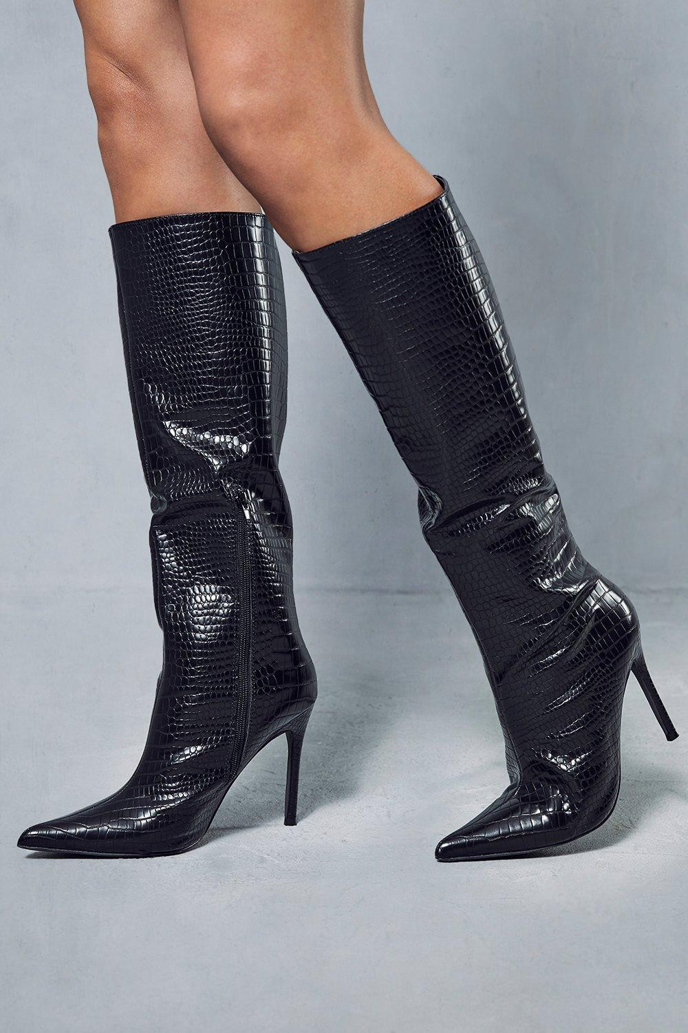 Boots | Croc Leather Look Knee High Pointed Boots | MissPap | Miss Pap UK