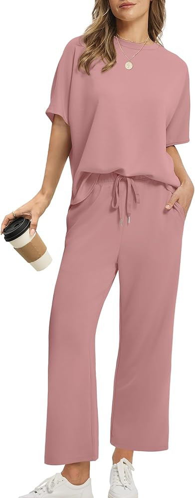 Sampeel Two Piece Sets for Women Summer Outfits Oversized Wide Leg Crop Pants Lounge Sets Airport... | Amazon (US)
