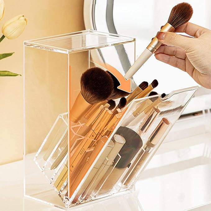 Makeup Brush Holder, Clear Make Up Brush Holder Organizer with 17 Slots, Tilt Open Large Makeup B... | Amazon (US)
