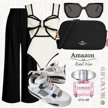 Love this black and white suit with the pants you can easily go to lunch. Add these glasses and a great shoe.  #resortwear #swimsuit #sneakers

#LTKU #LTKFindsUnder100 #LTKSwim