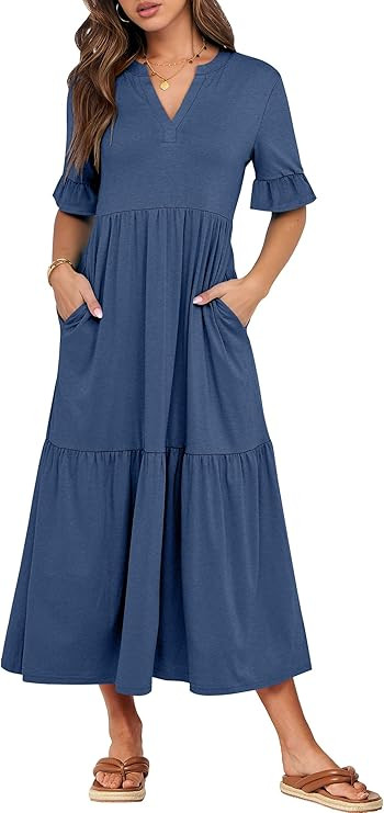 ANRABESS Women's Casual Summer Ruffle Short Sleeve T Shirts Maxi Dress 2025 Spring V Neck Flowy T... | Amazon (US)