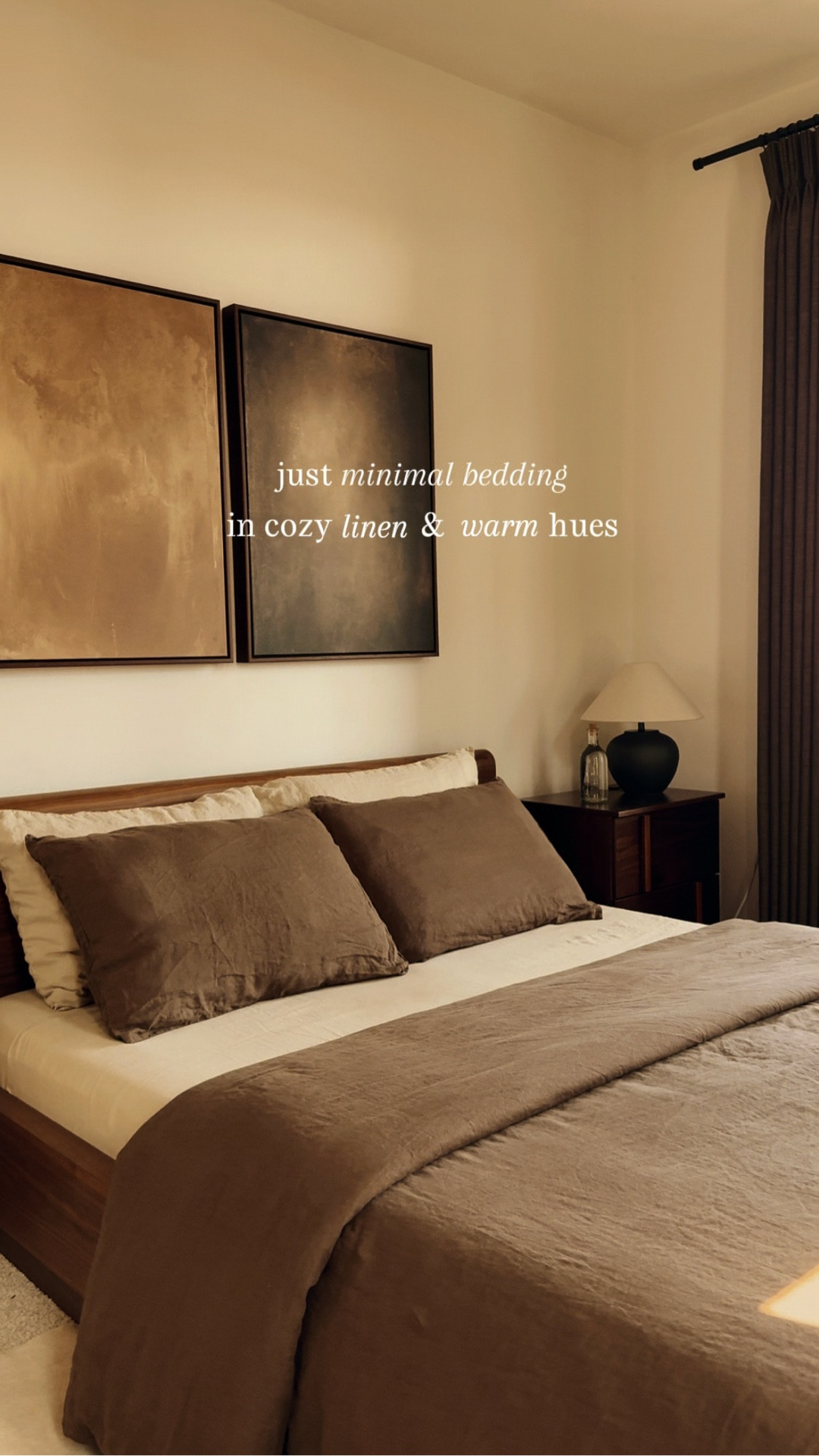 Quince Bedding :
Linen Duvet Cover Set - Espresso
Linen Sheet Set - Toffee

Minimal bedding, table lamp, walnut bedframe, wall art, drapes, nightstands

#LTKSeasonal #LTKHome #LTKStyleTip