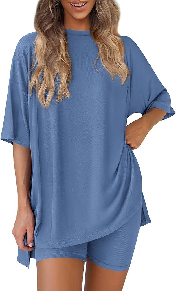 PRETTYGARDEN Women's Two Piece Lounge Set 2025 Summer Casual Oversized Shirts Biker Shorts Matchi... | Amazon (US)