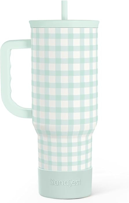 SANDJEST Mint Gingham 40oz Slider Tumbler with Handle and Straw - Insulated Stainless Steel Trave... | Amazon (US)