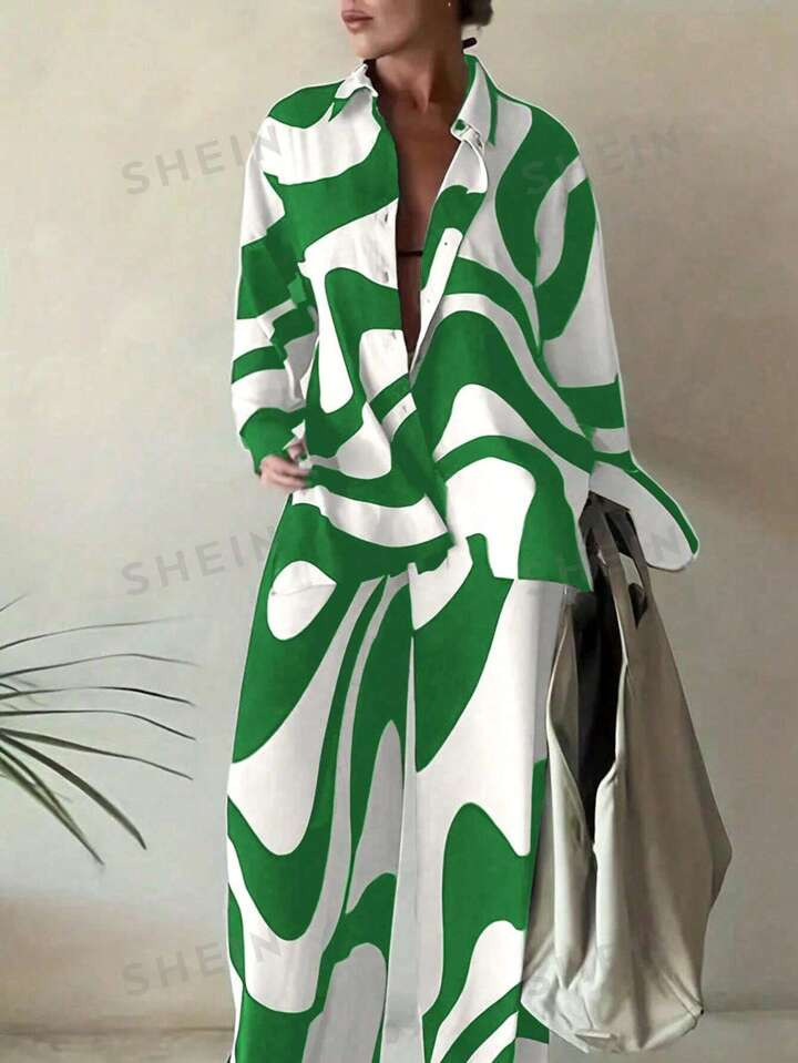 SHEIN CURVE+ 2pcs Plus Size Women's Contrast Color Printed Button Front Blouse And Pants Set | SHEIN