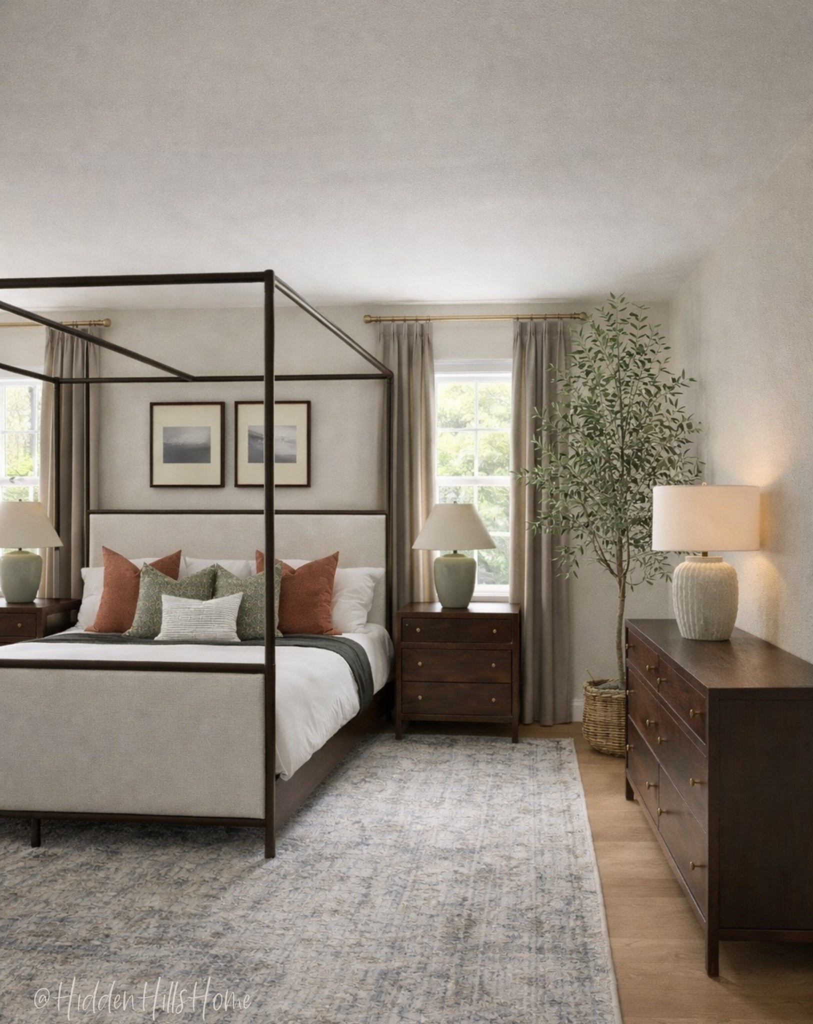 Master bedroom design, master bedroom mood board, home decor ideas, canopy bed, bedding, nightstands, bedroom dresser, bedroom rug, throw pillows, curtains #bedroom

#LTKSeasonal #LTKHome #LTKSaleAlert