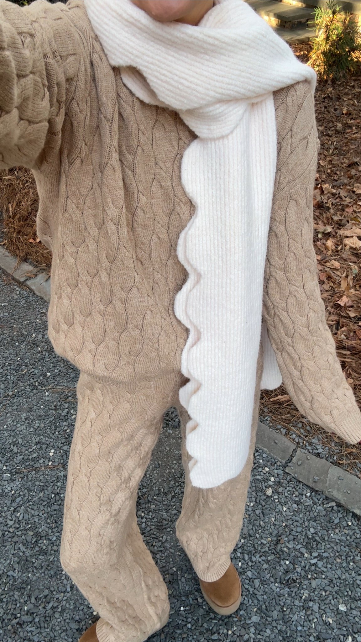 What i wore for a cold, cozy day by the lake! Cable knit set, scalloped scarf, UGG platform boots. 

This scarf would make a cute gift!! 

#blackfriday #cableknitset #cozyoutfit #loungeoutfit #giftidea #anthropologie #loungewear #traveloutfit



#LTKGiftGuide #LTKCyberWeek #LTKFindsUnder100