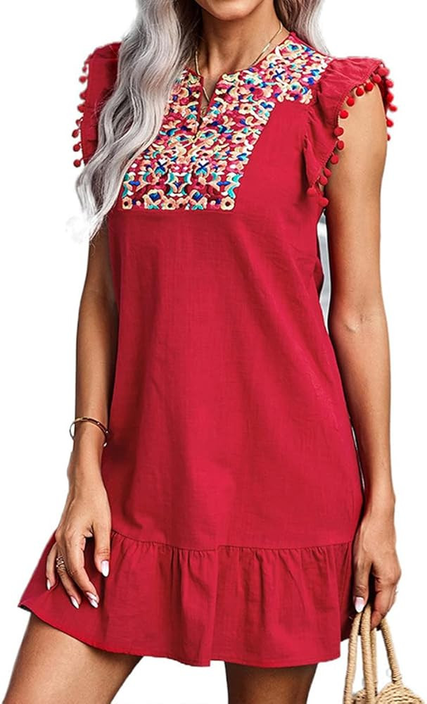 KYLASIEN Women's V Neck Floral Embroidered Pompom Ruffle Shoulder Swing Shift Dress Summer Casual... | Amazon (US)