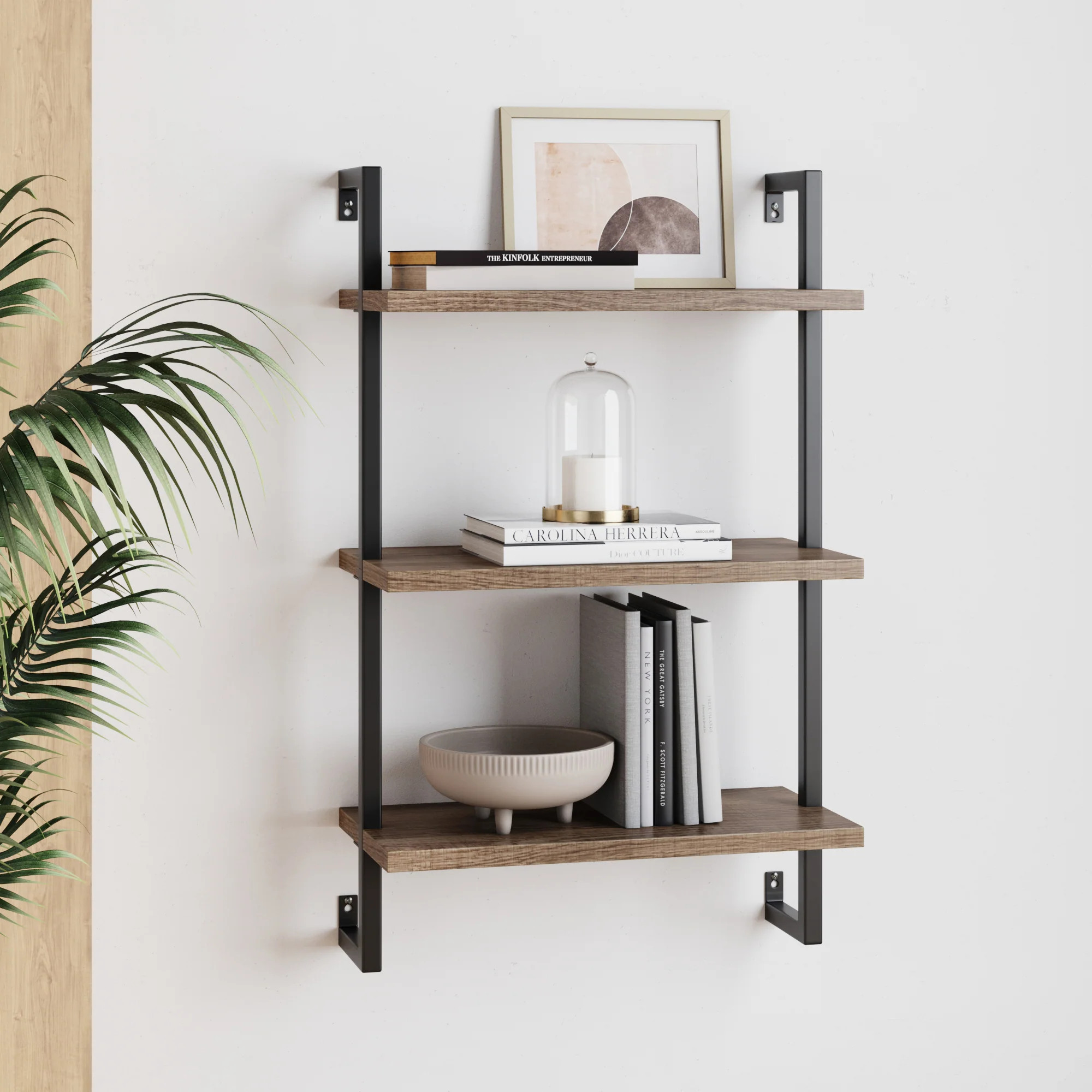Wood & Metal 3-Shelf Floating Bookshelf Oak | Nathan James
