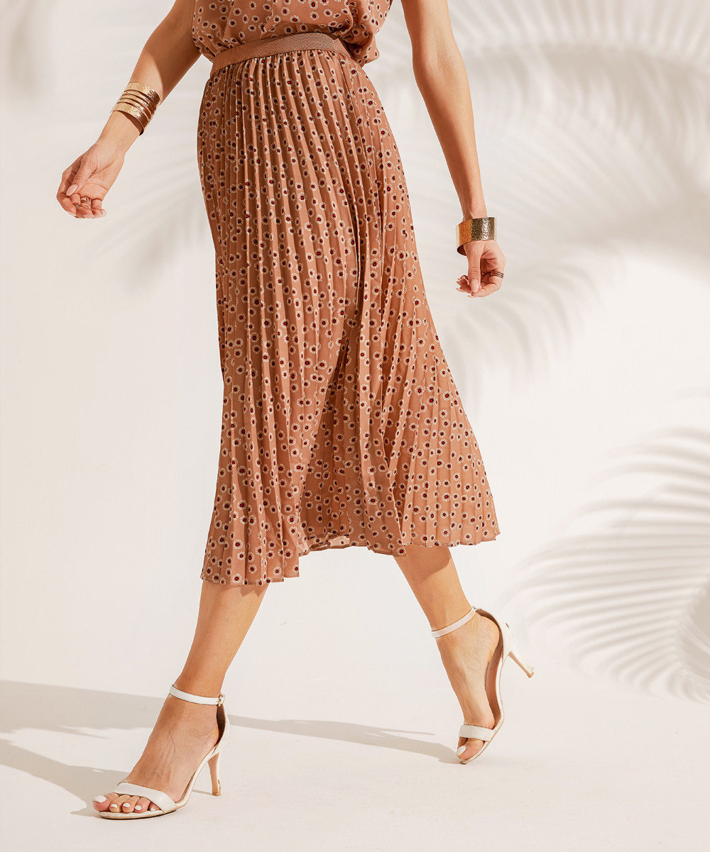 Suzanne Betro Women's Casual Skirts 101TAUPE - Taupe Floral Pleated Midi Skirt - Women | Zulily