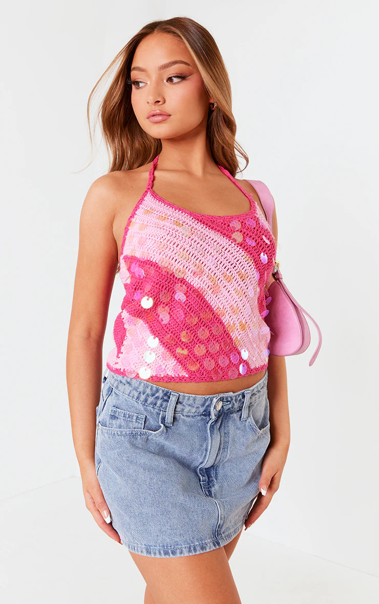 Petite Pink Striped Knitted Halterneck Sequin Top | PrettyLittleThing US