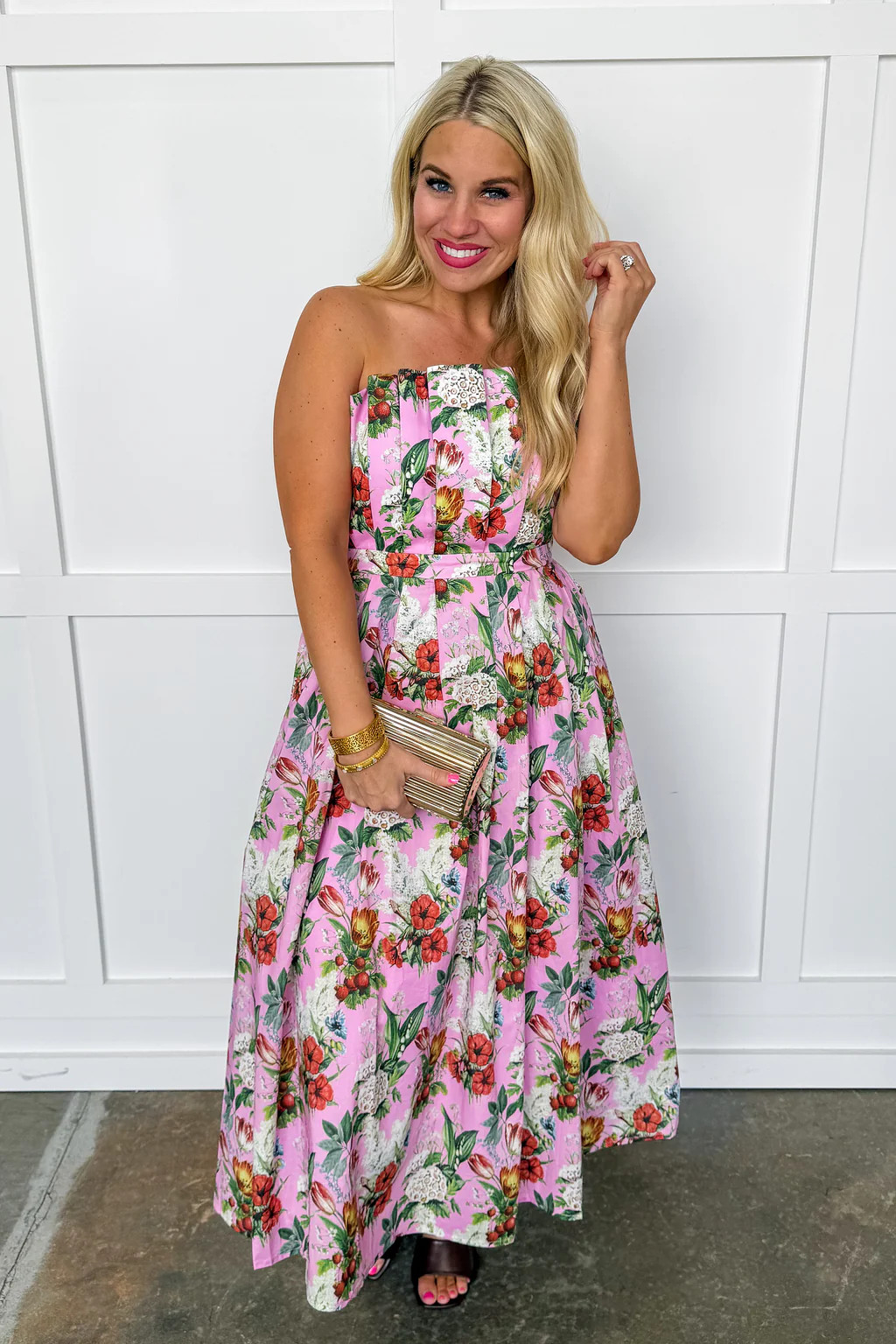 The Garden Soirée Midi Dress in Pink Floral | Jules & James Boutique