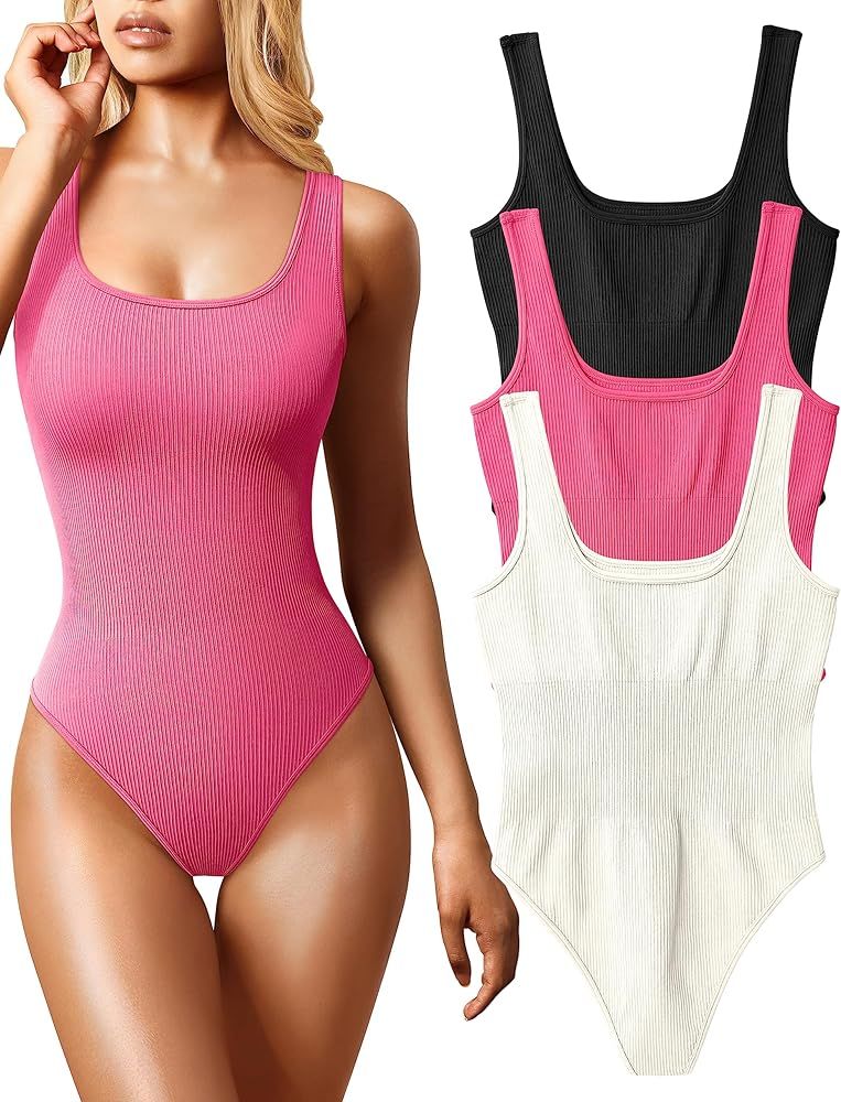 OQQ Women's 3 Piece Bodysuits Sexy Ribbed Sleeveless Square Neck Sleeveless Tank Tops Bodysuits | Amazon (US)