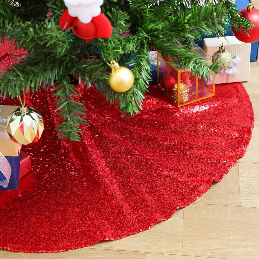 48 Inch Large Christmas Tree Sequin Tree Skirt Decoration for Merry Christmas Party Red Christmas... | Amazon (US)