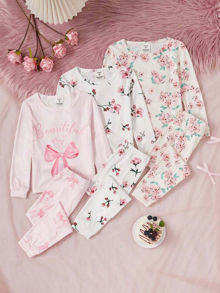 3pcs Young Girl' Cute Ditsy Floral Bowknot Sweatshirt And Leggings Snug Fit Loungewear Set | SHEIN