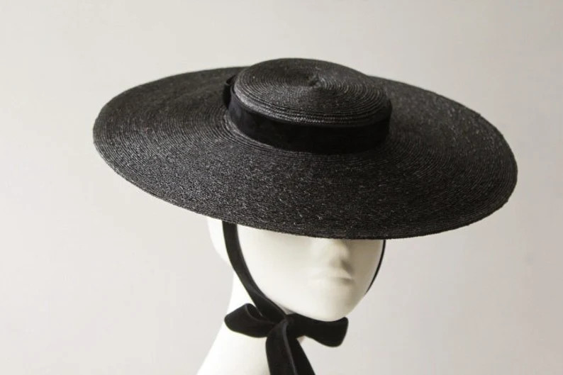 Fine Straw Braid Black Boater Hat ''BINKIE'' With Velvet Ribbon - Kentucky Derby Races - Mourning... | Etsy (US)