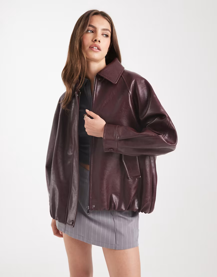 ASOS DESIGN leather look oversized bomber jacket in burgundy-Red | ASOS (Global)