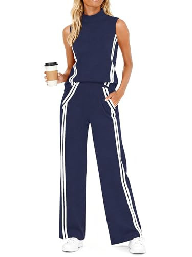 Casly Lamiit Two Piece Lounge Sets for Women Travel Outfits Casual Track Suit Sleeveless Tops Wide Leg Pant Summer Tennis Set Activewear Navy Blue S | Amazon (US)