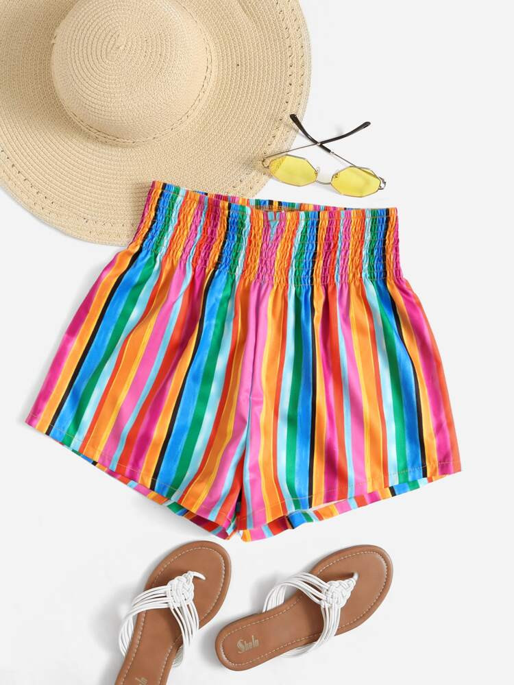SHEIN VCAY Plus Colorful Striped Shirred Waist Shorts | SHEIN