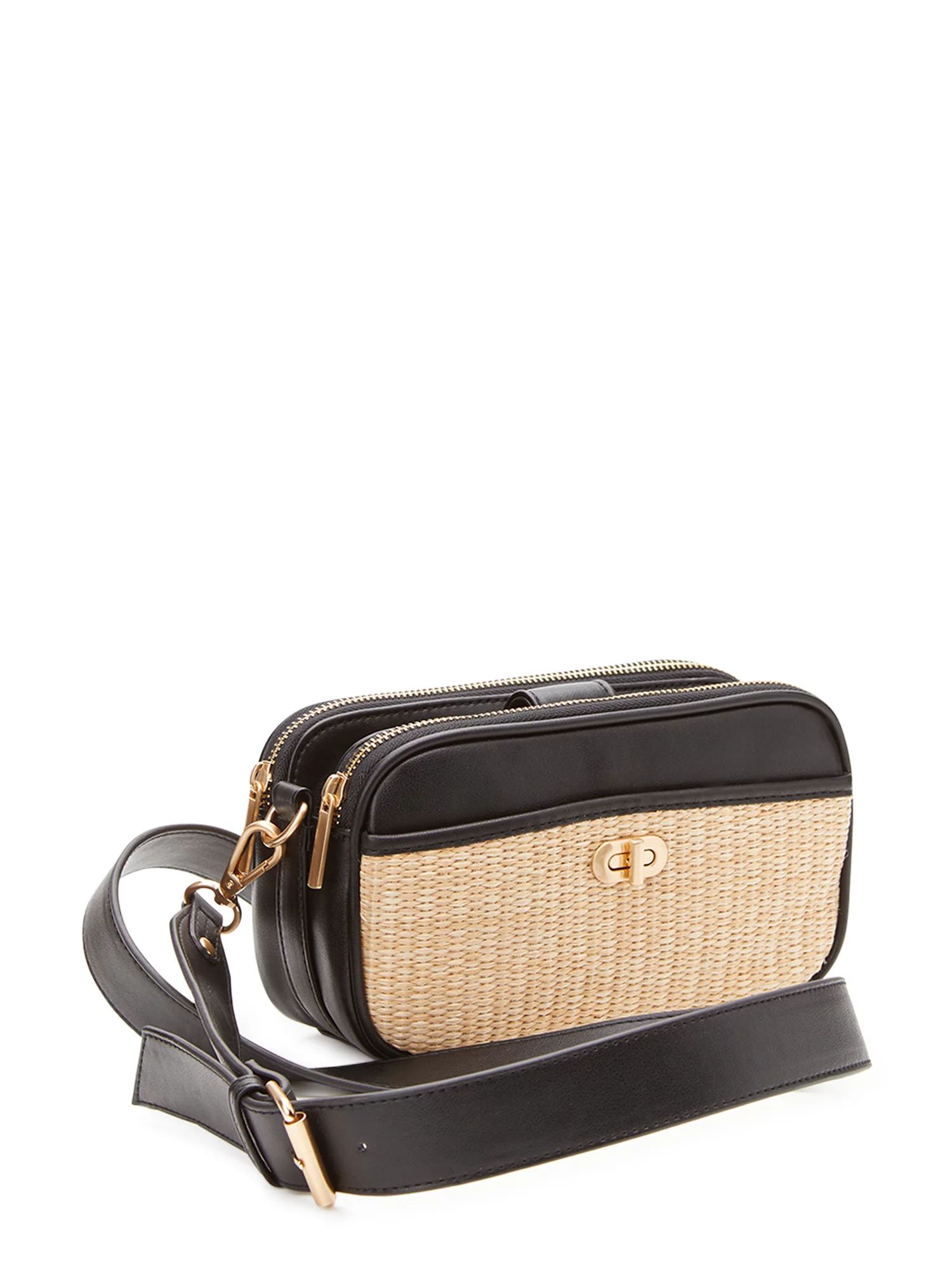 Time and Tru Women's Annamarie Woven Crossbody Bag Black/Tan | Walmart (US)