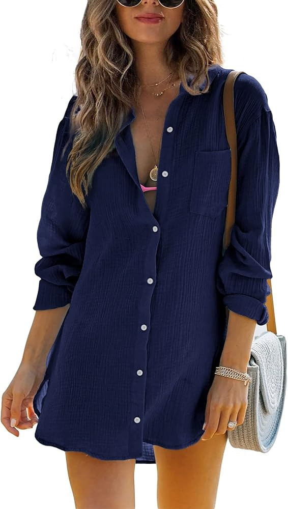 Womens Beach Cover Up Button Down Shirts Summer Cotton Gauze Tops Long Sleeve Bikini Swimsuit | Amazon (US)