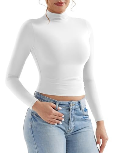 YEOREO Long Sleeve Workout Crop Mock Thermal Turtle Necks Double Lined Base Layer Tops Running Gym Shirts Women Sariah Underscrub Y2k Undershirt White L | Amazon (US)