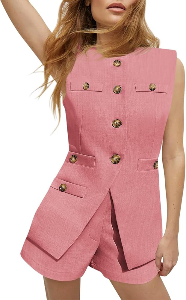 Tankaneo Womens 2 Piece Outfits Casual Suit Sets Sleeveless Button Down Blazer Vest Shorts Office... | Amazon (US)