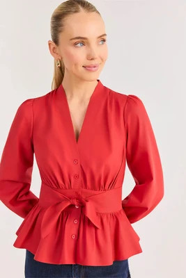Betty Red Long Sleeve Tie Waist Top | Avara