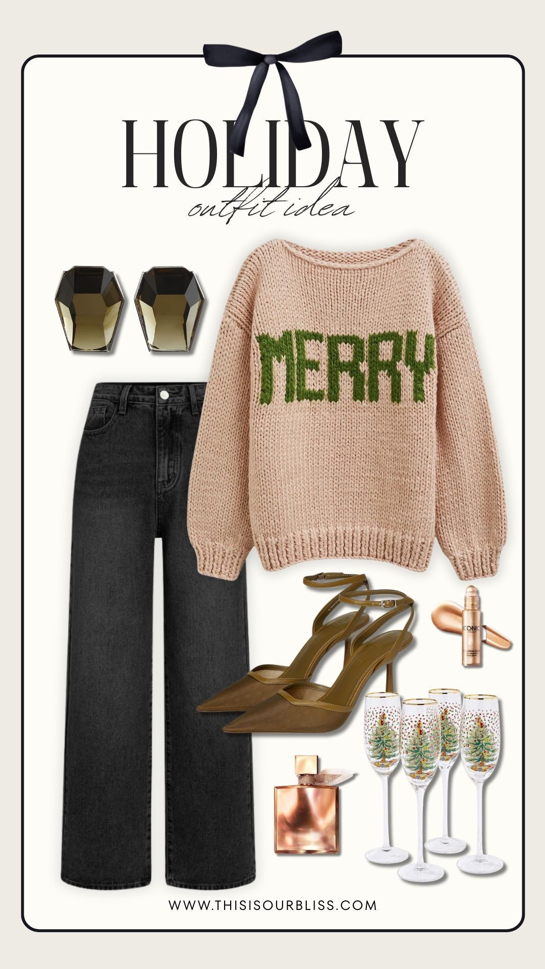Casual holiday outfit 🎄✨
I love this oversized “MERRY” sweater with green lettering so I paired it with wide-leg dark denim jeans from amazon, deep green earrings, Steve Madden green heels, and the cutest Christmas painted champagne flutes for a festive touch. Simple, comfy, and perfectly merry.

#LTKGiftGuide #LTKHoliday #LTKSaleAlert