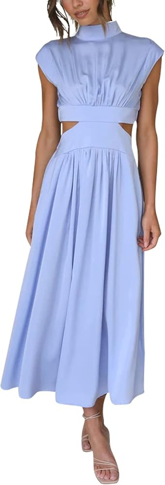RAMOUG Women's High Neck Sleeveless Side Cut Out High Waist Flowy Long Dress | Amazon (US)