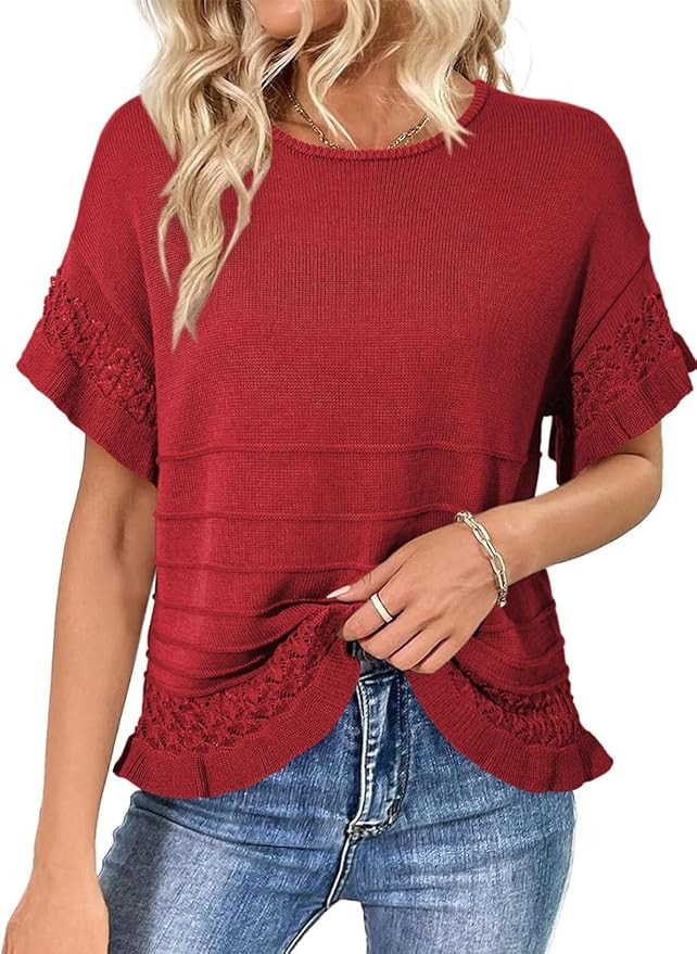 Dokotoo Women’s Short Sleeve Sweaters Oversized Summer Casual Ruffled Hem Knit Pullover Tops Cu... | Amazon (US)