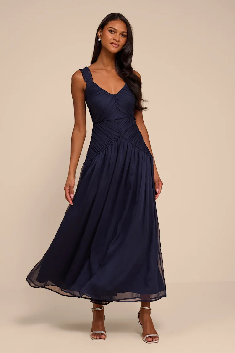 Laufey Navy Blue Pleated Drop Waist Midi Dress | Lulus
