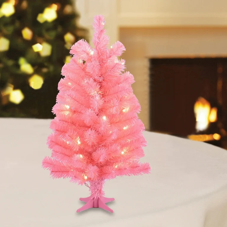 2 FT Mini Pre-Lit Pink Artificial Christmas Tree with 35 Warm White LED Lights and Stand, by Holi... | Walmart (US)