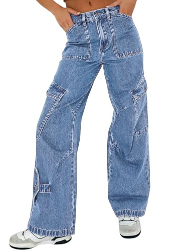 EVALESS Plus Size Cargo Jeans for Women 2024 Trendy High Waisted Wide Leg Jeans Woman Fashion Casual Baggy Cargo Pants with 6 Pockets Sky Blue Size 16 | Amazon (US)