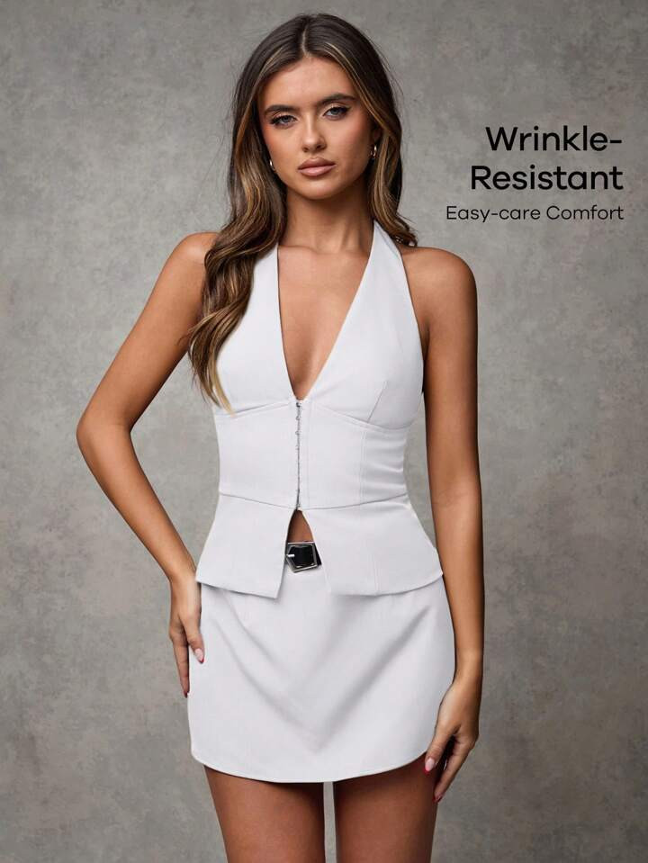 SHEIN BAE Women's V Neck Khaki Solid Color Casual Blazer Woven Suit Vest Sexy Office Siren Old Style Teacher Outfit Fall Women's Autumn Suit Office Outfit/ | SHEIN