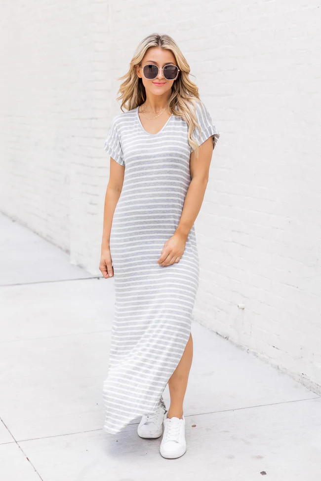Set Yourself Free Grey/White Striped Maxi T-Shirt Dress | Pink Lily