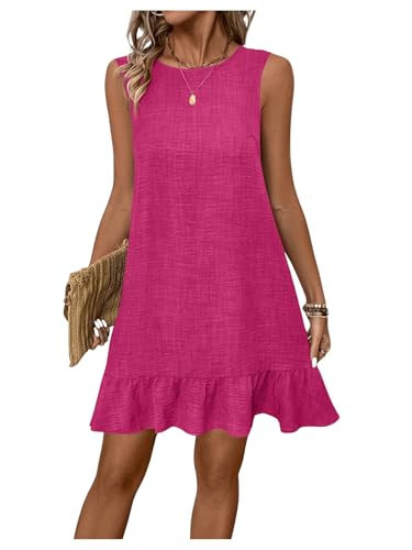 SOLY HUX Women's Summer Sleeveless Mini Dress Round Neck Ruffle Smock Dresses Tie Backless Short Dress Hot Pink Small | Amazon (US)