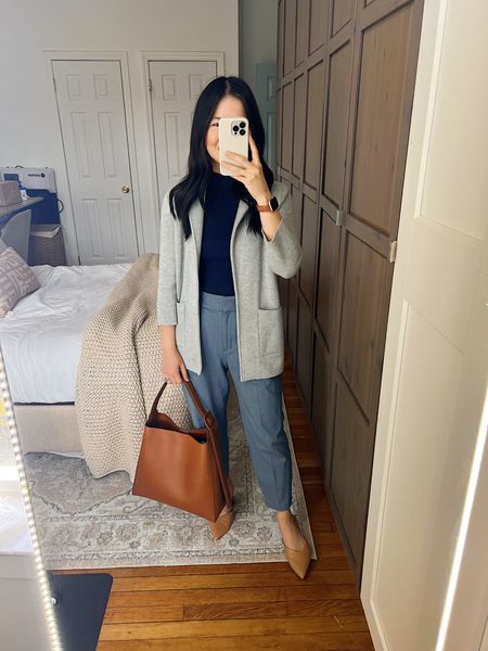 Gray sweater blazer
Navy top (XS)
Light blue pants
Brown bag
Tan pumps (1/2 size up)
Tan mule pumps
Business casual outfit 
Spring outfit
Spring work outfit
Teacher outfit

#LTKSeasonal #LTKfindsunder100 #LTKworkwear