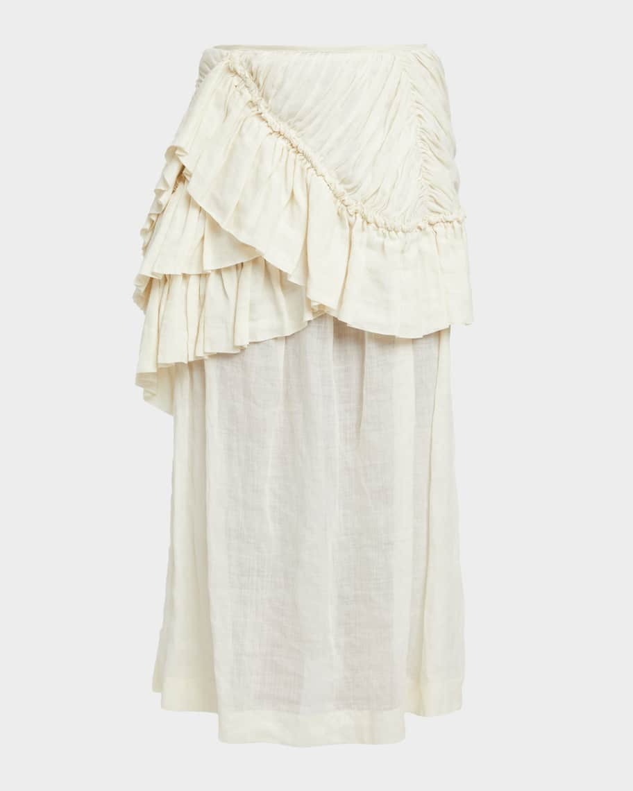 Shelby Draped Ruffle Ramie Midi Skirt | Neiman Marcus