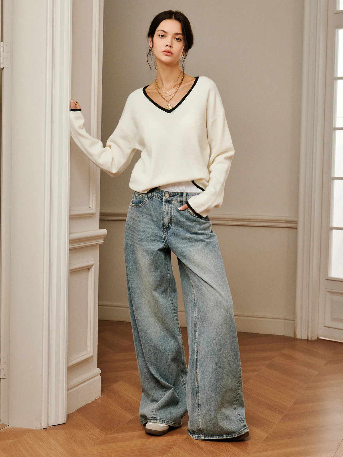 Embroidered Trim Draped Shoulder Knit Top | Commense