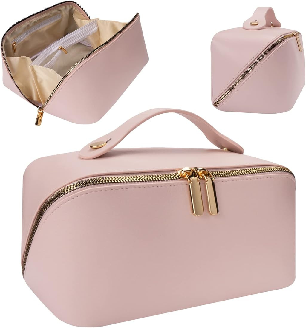 XASRVIR Ladies makeup bag, large capacity travel makeup bag, portable flat large opening makeup b... | Amazon (US)