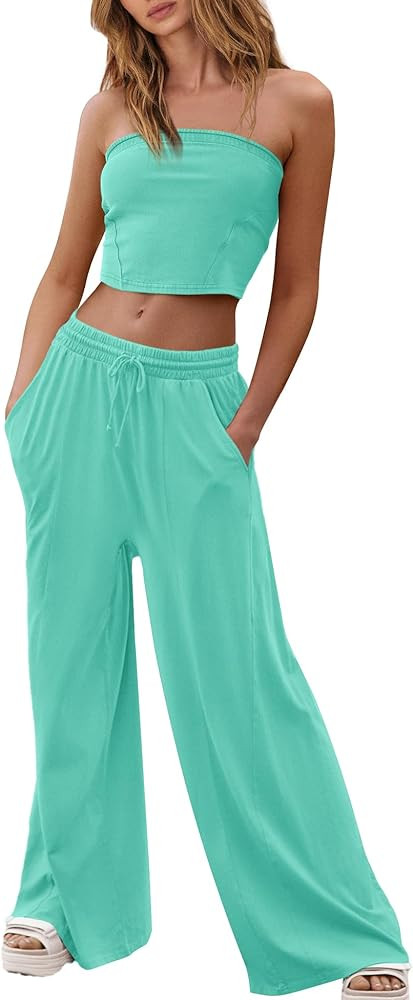 Yanekop Womens Tube Top Set 2 piece outfits Summer Wide Leg Sweatpants Two Piece Lounge Set Cropp... | Amazon (US)