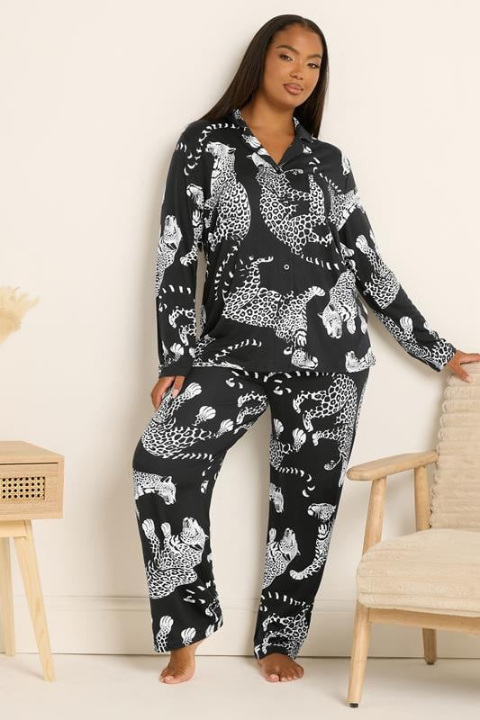 YOURS Plus Size Black Leopard Soft Touch Pyjama Set | Yours Clothing UK